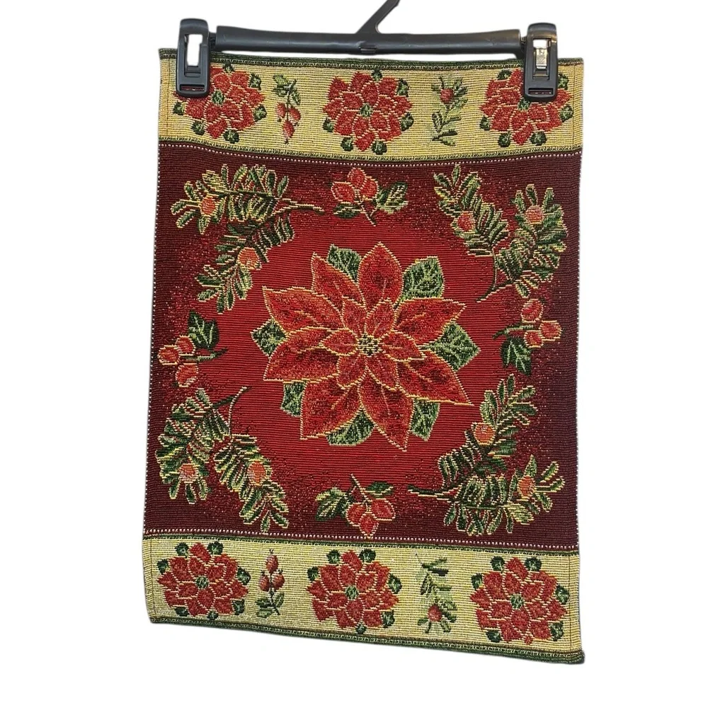 Vintage Christmas Poinsettia Tapestry Red and Green Placemats Set of Four